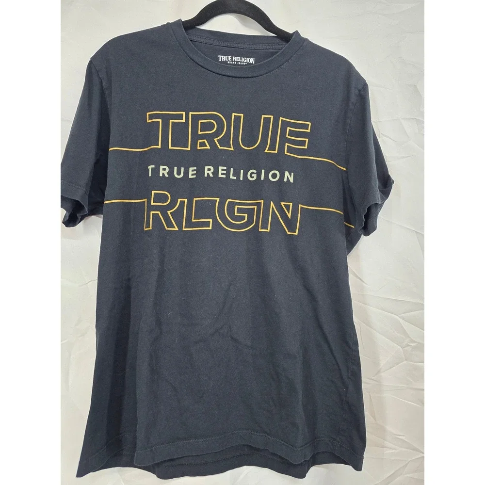 True Religion‎ Mens RLGN Logo Graphic T-Shirt Black Gold Size Large Short Sleeve
